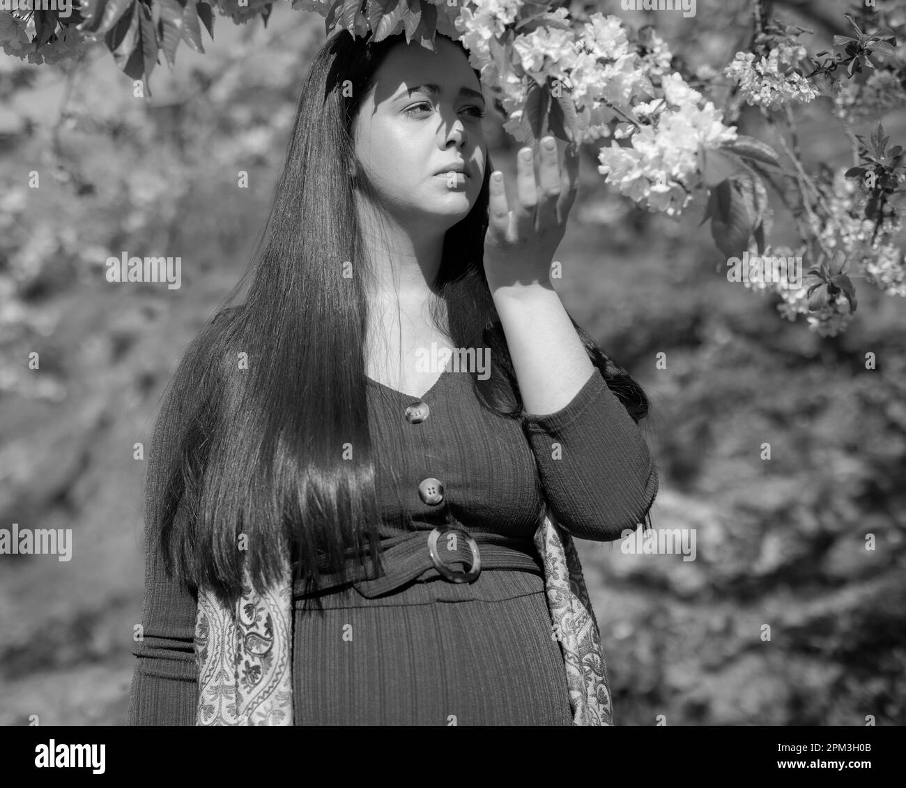 Un colpo in scala di grigi di una donna incinta che si posa vicino ad alberi con i fiori bei Foto Stock