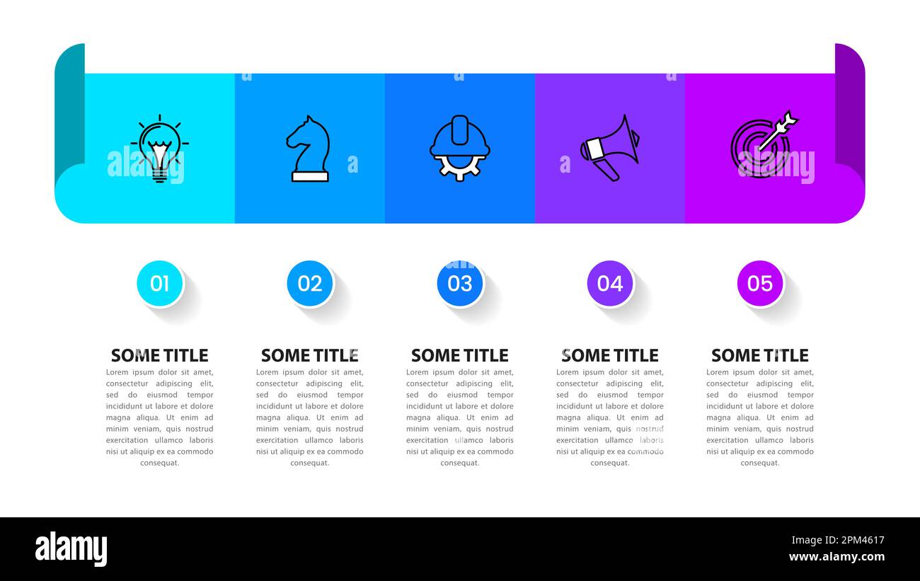 Modello infografico con icone e 5 opzioni o passaggi. Pezzi di carta. Può essere utilizzato per il layout del flusso di lavoro, il diagramma, il banner, il webdesign. Illustrazione vettoriale Illustrazione Vettoriale