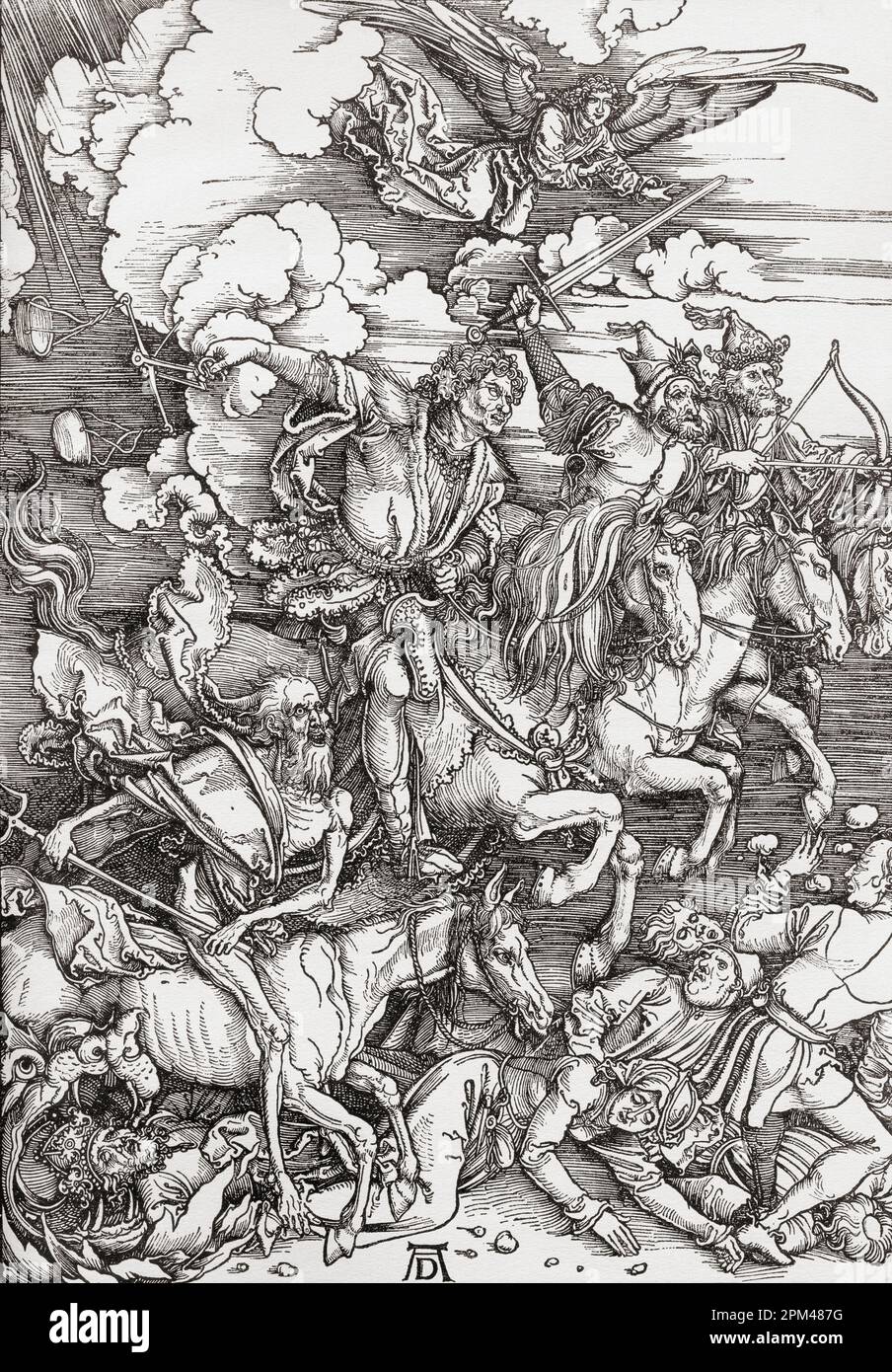I quattro Cavalieri dell'Apocalisse, dopo l'opera di Albrecht Dürer, 1471 – 1528, a volte scritto in inglese come Durer. Pittore tedesco, stampatore e teorico del Rinascimento tedesco. Da Albrecht Dürer, Sein Leben und eine Auswahl seiner Werke o la sua vita e una selezione delle sue opere, pubblicato nel 1928. Foto Stock