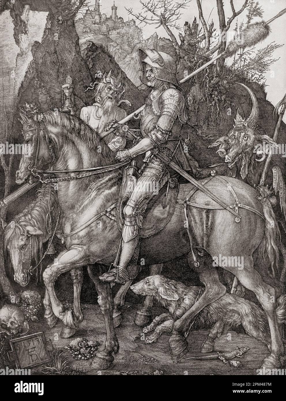 Cavaliere, morte, e il diavolo, dopo l'opera di Albrecht Dürer, 1471 – 1528, a volte scritto in inglese come Durer. Pittore tedesco, stampatore e teorico del Rinascimento tedesco. Da Albrecht Dürer, Sein Leben und eine Auswahl seiner Werke o la sua vita e una selezione delle sue opere, pubblicato nel 1928. Foto Stock