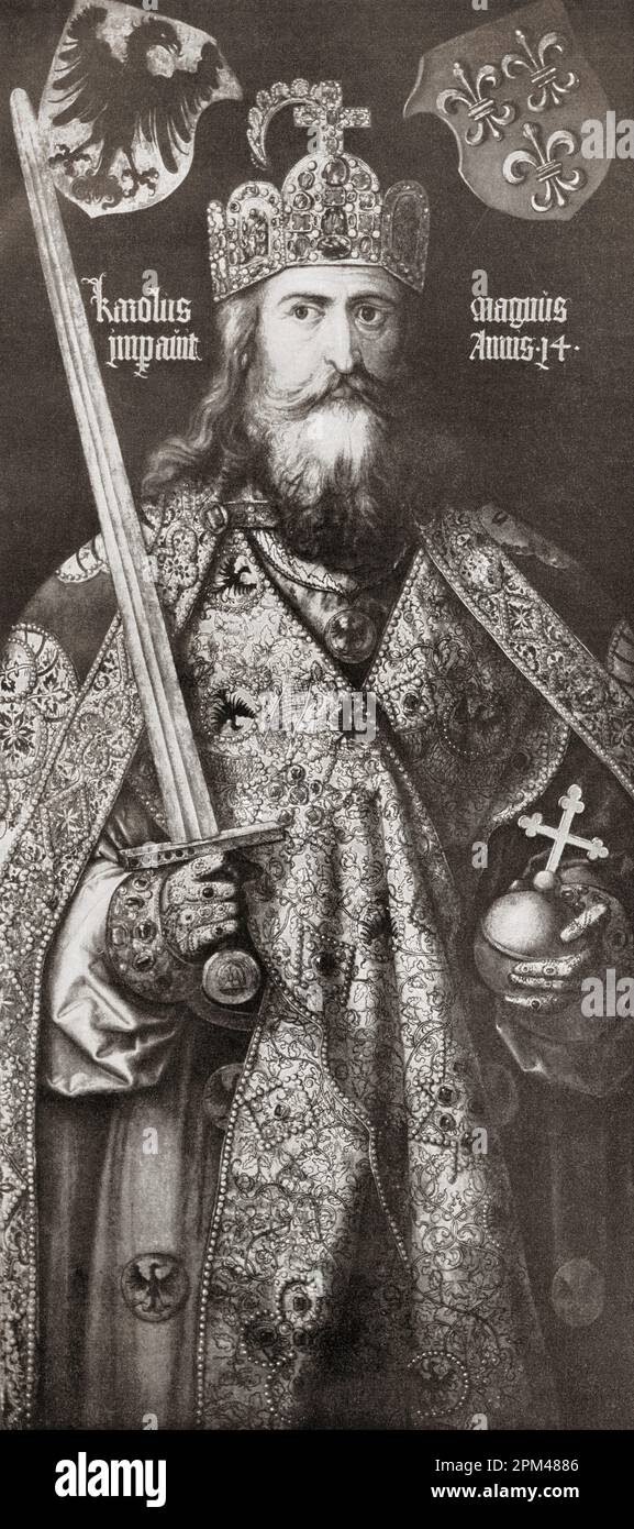 Imperatore Carlo Magno 1513, dopo l'opera di Albrecht Dürer, 1471 – 1528, a volte scritto in inglese come Durer. Pittore tedesco, stampatore e teorico del Rinascimento tedesco. Carlo Magno, alias Carlo il Grande, 747 - 814. Membro della dinastia carolingia, re dei Franchi dal 768, re dei Longobardi dal 774, e l'imperatore dei Romani. Da Albrecht Dürer, Sein Leben und eine Auswahl seiner Werke o la sua vita e una selezione delle sue opere, pubblicato nel 1928. Foto Stock