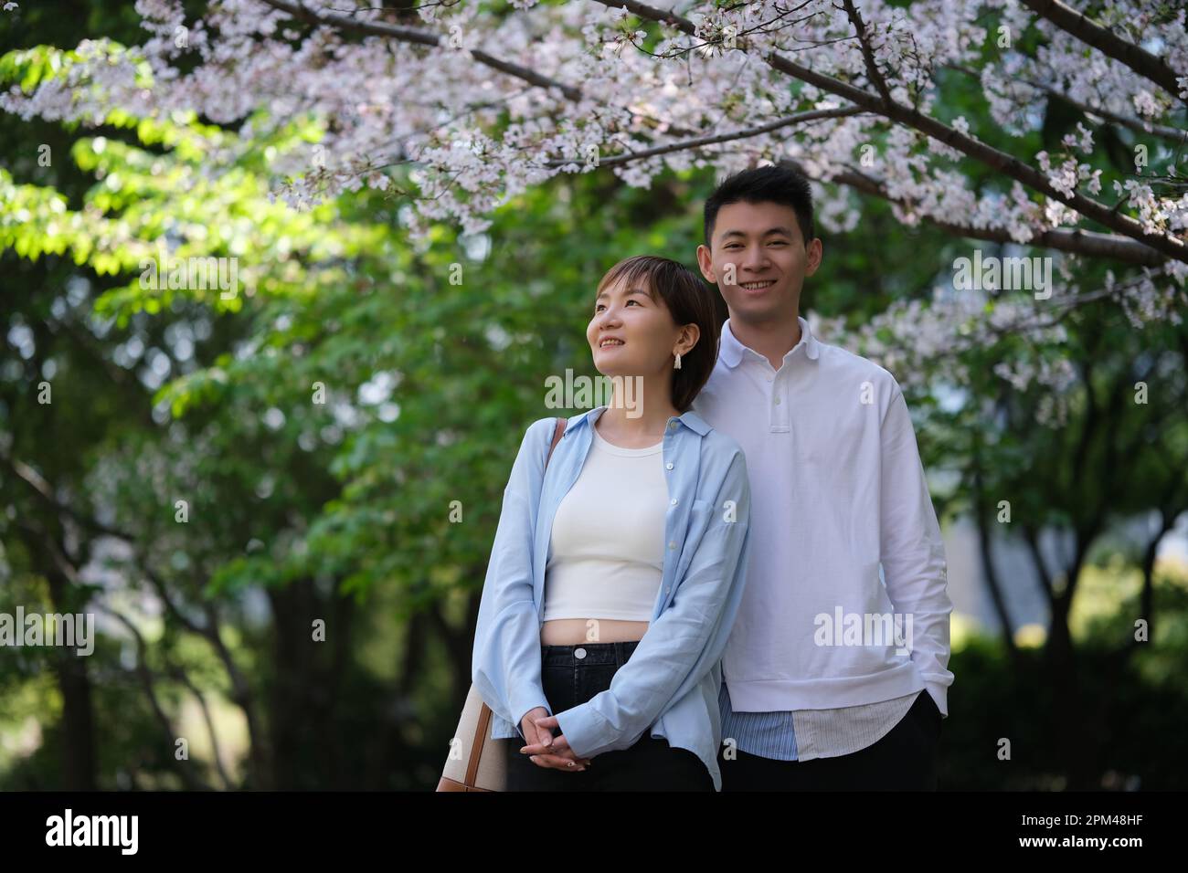 Sorridi giovane coppia asiatica goditi il fiore sakura sotto l'albero di ciliegio bianco in fiore al parco primaverile Foto Stock