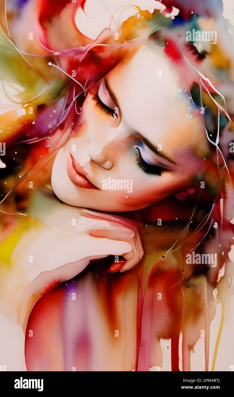 Artista giovane donna faccia ritratto moda colorato rosso aquarell Painted Girl, con premuroso sensuale testa inclinata, speed splash artistico acquerello p Foto Stock