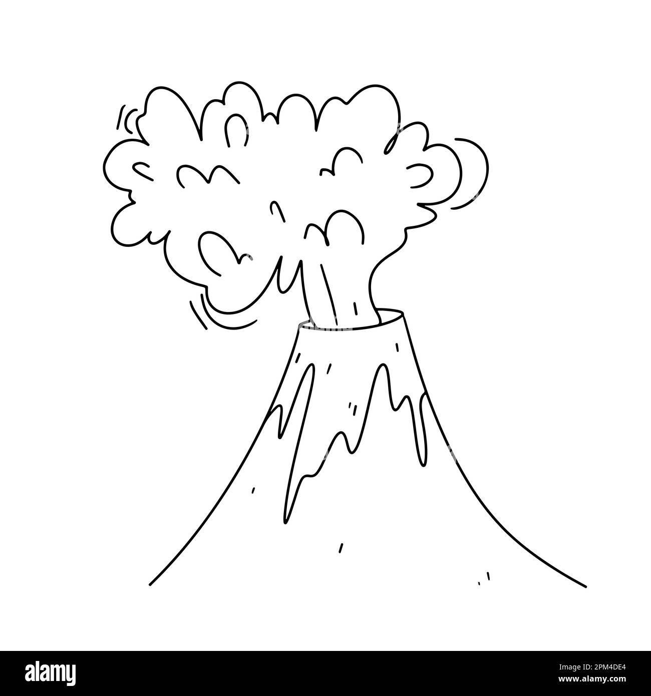 Eruzione del vulcano in stile doodle disegnato a mano. Illustrazione vettoriale isolata su sfondo bianco. Libro da colorare. Illustrazione Vettoriale