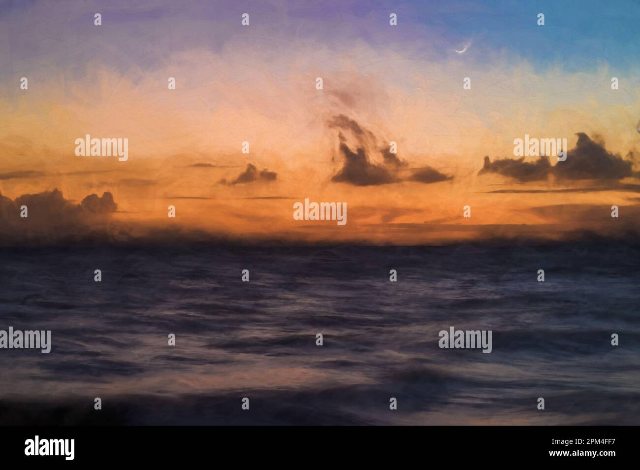 Pittura digitale di una lunga esposizione del mare all'ora d'oro, mentre l'alba comincia a rompersi su una spiaggia di sabbia bianca. Foto Stock