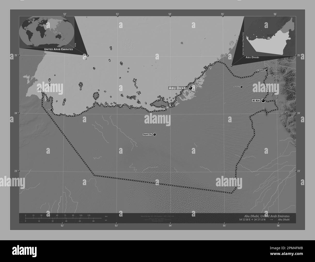 Abu Dhabi, emirato degli Emirati Arabi Uniti. Mappa altimetrica bilivello con laghi e fiumi. Località e nomi delle principali città della regione. Aux. D'angolo Foto Stock