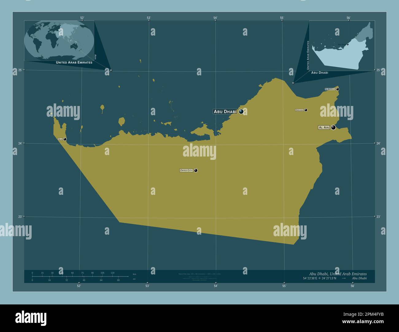 Abu Dhabi, emirato degli Emirati Arabi Uniti. Forma a tinta unita. Località e nomi delle principali città della regione. Mappe delle posizioni ausiliarie degli angoli Foto Stock