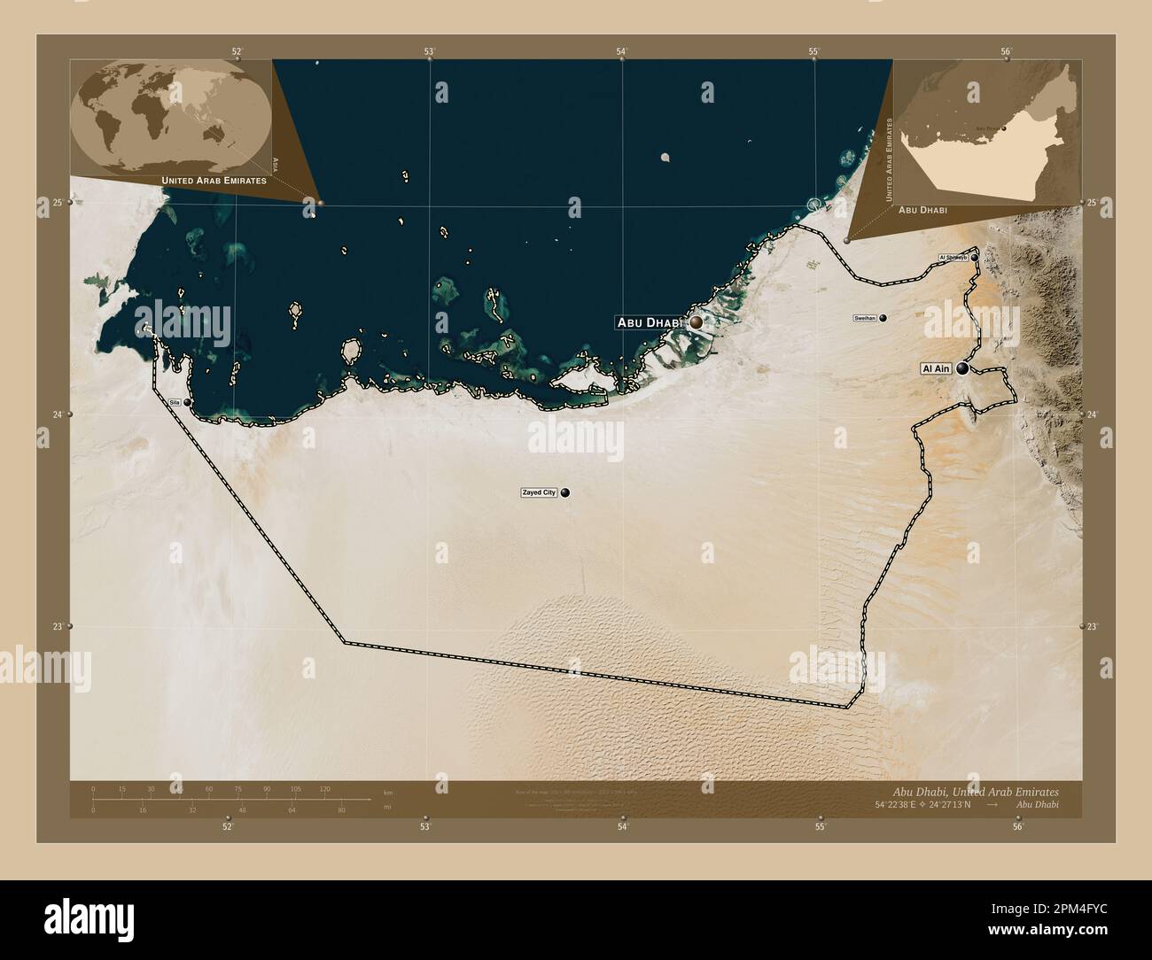 Abu Dhabi, emirato degli Emirati Arabi Uniti. Mappa satellitare a bassa risoluzione. Località e nomi delle principali città della regione. Posizione ausiliaria ad angolo Foto Stock