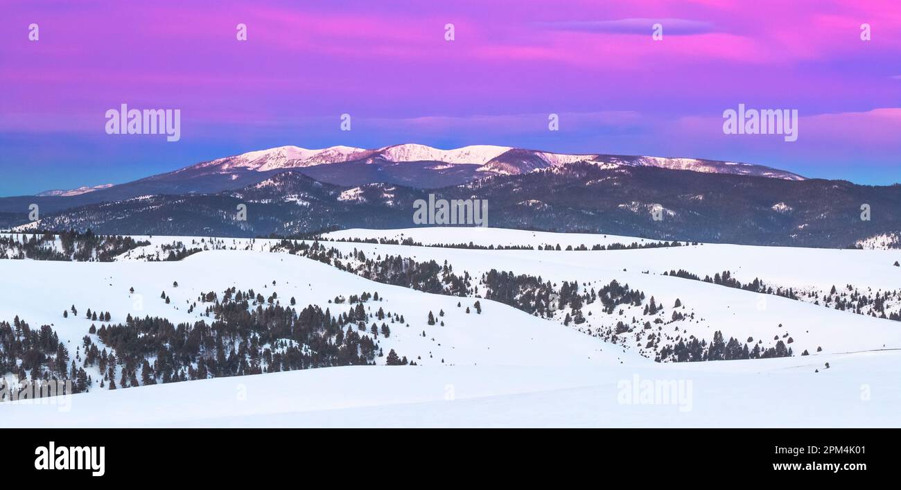 panorama di un cielo pre-alba sulle montagne di zaffiro e le colline ai piedi in inverno vicino philipsburg, montana Foto Stock