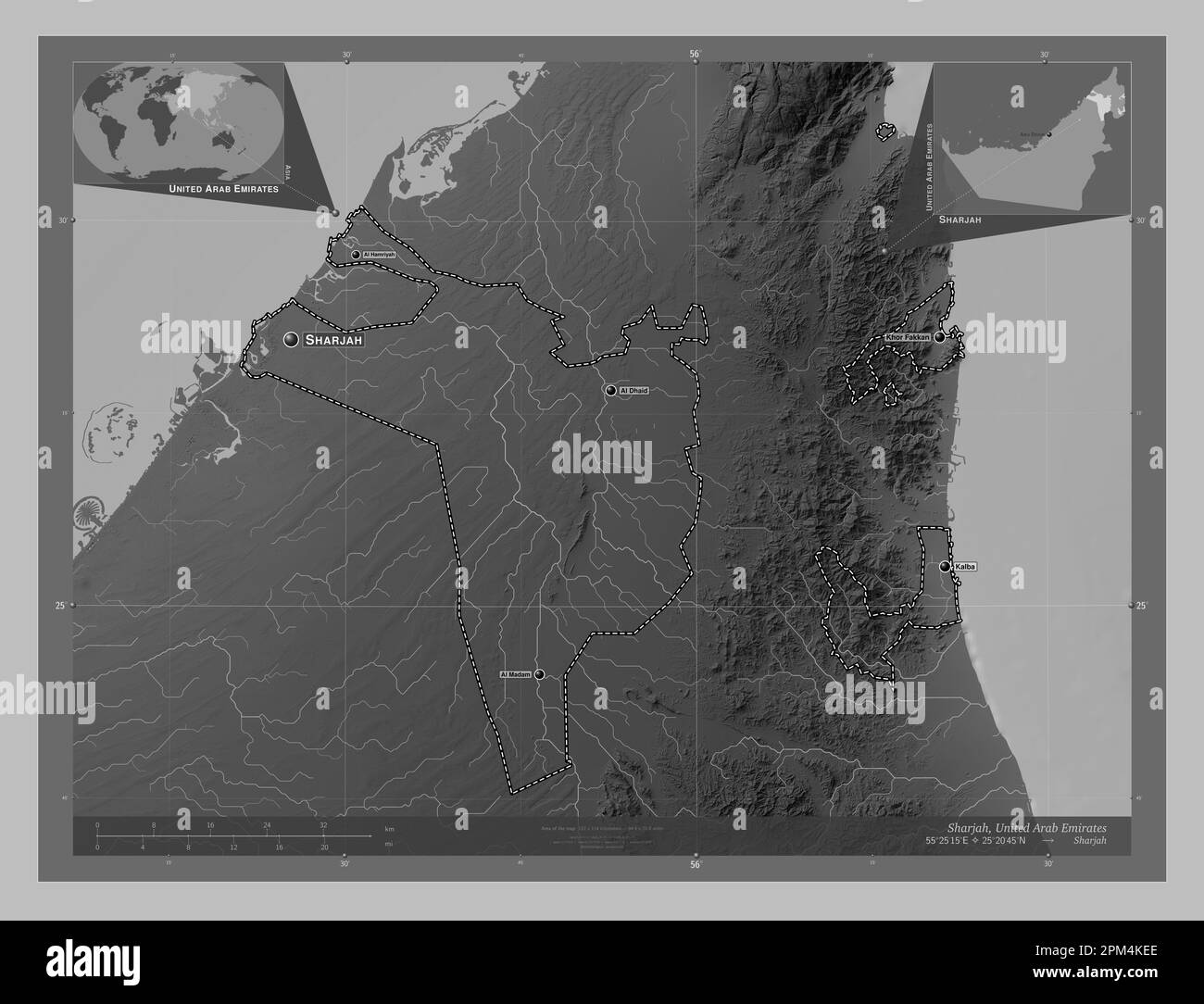 Sharjah, emirato degli Emirati Arabi Uniti. Mappa in scala di grigi con laghi e fiumi. Località e nomi delle principali città della regione. Aux. D'angolo Foto Stock
