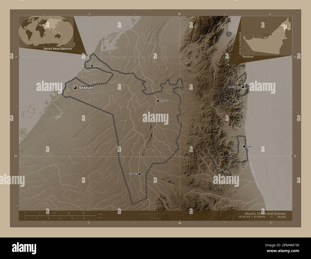 Sharjah, emirato degli Emirati Arabi Uniti. Mappa dell'altitudine colorata in tonalità seppia con laghi e fiumi. Località e nomi delle principali città della regione Foto Stock