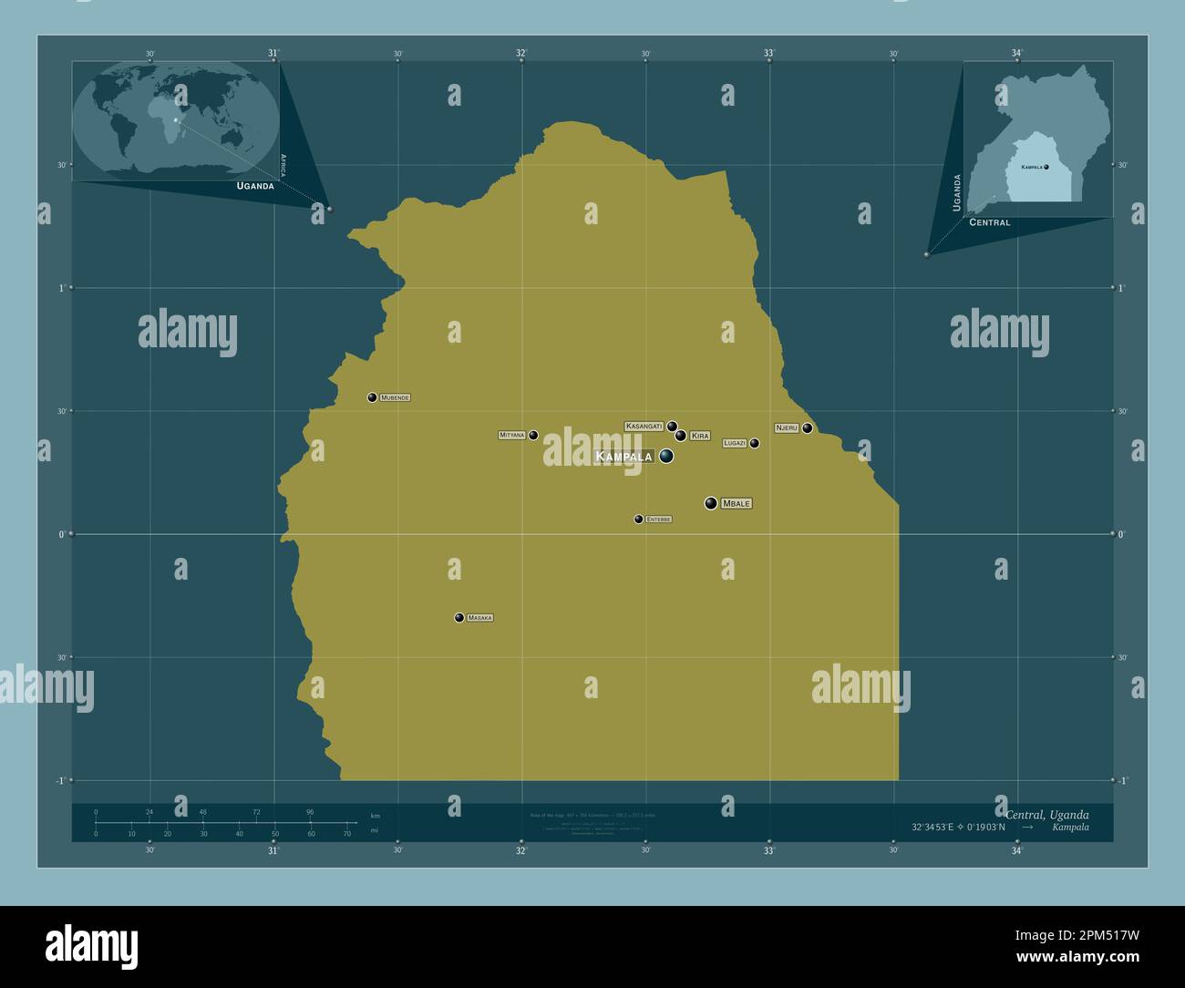 Centrale, regione dell'Uganda. Forma a tinta unita. Località e nomi delle principali città della regione. Mappe delle posizioni ausiliarie degli angoli Foto Stock