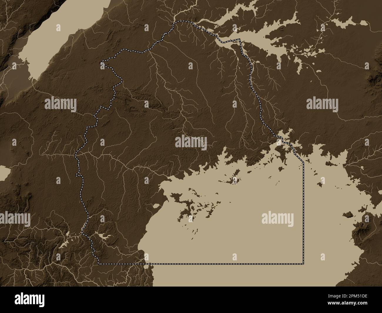 Centrale, regione dell'Uganda. Mappa dell'altitudine colorata in tonalità seppia con laghi e fiumi Foto Stock