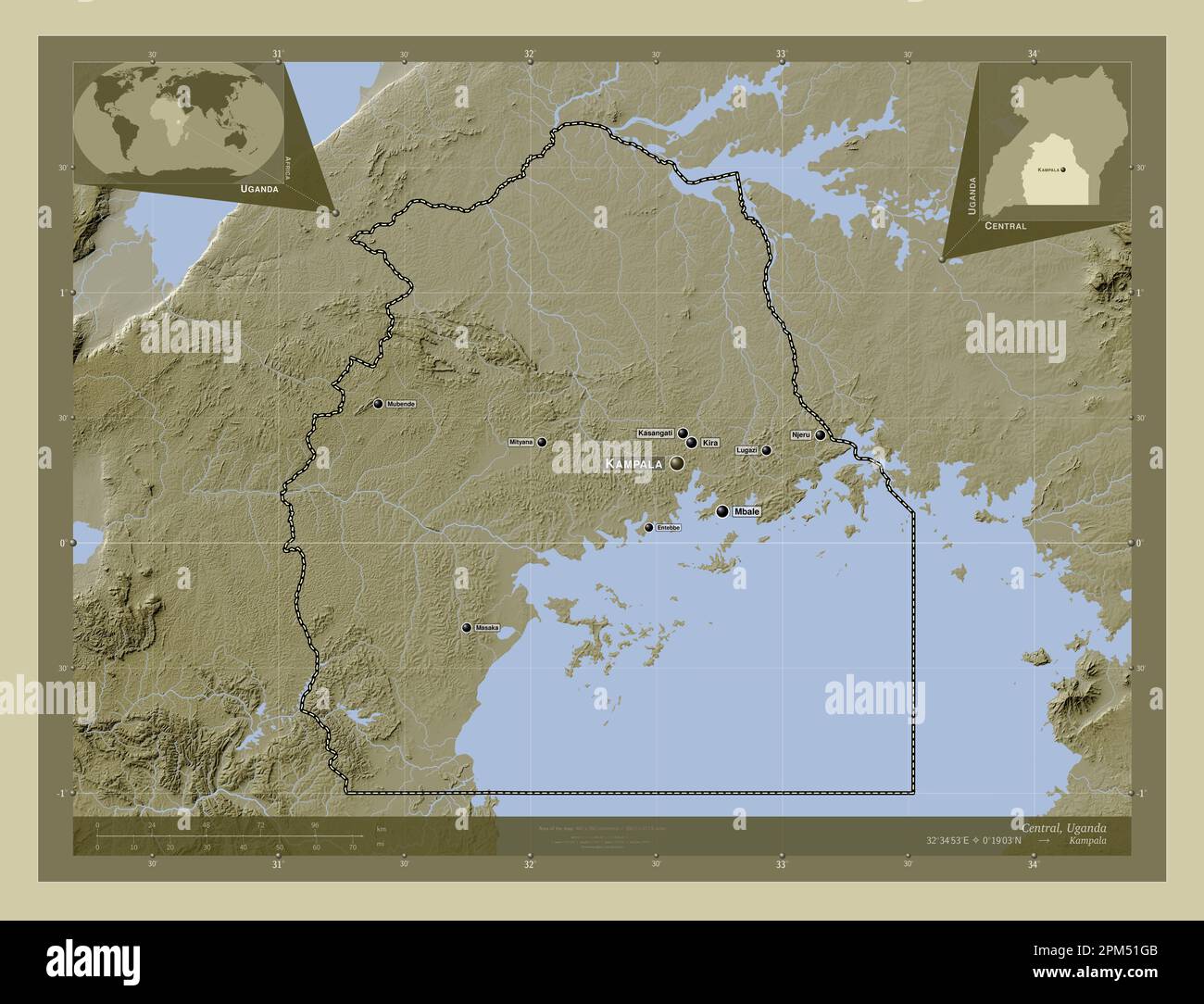 Centrale, regione dell'Uganda. Mappa dell'altitudine colorata in stile wiki con laghi e fiumi. Località e nomi delle principali città della regione. Angolo auxili Foto Stock