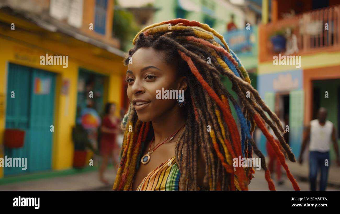 bella giovane donna afro con coloratissimi greggi nei suoi capelli Foto Stock