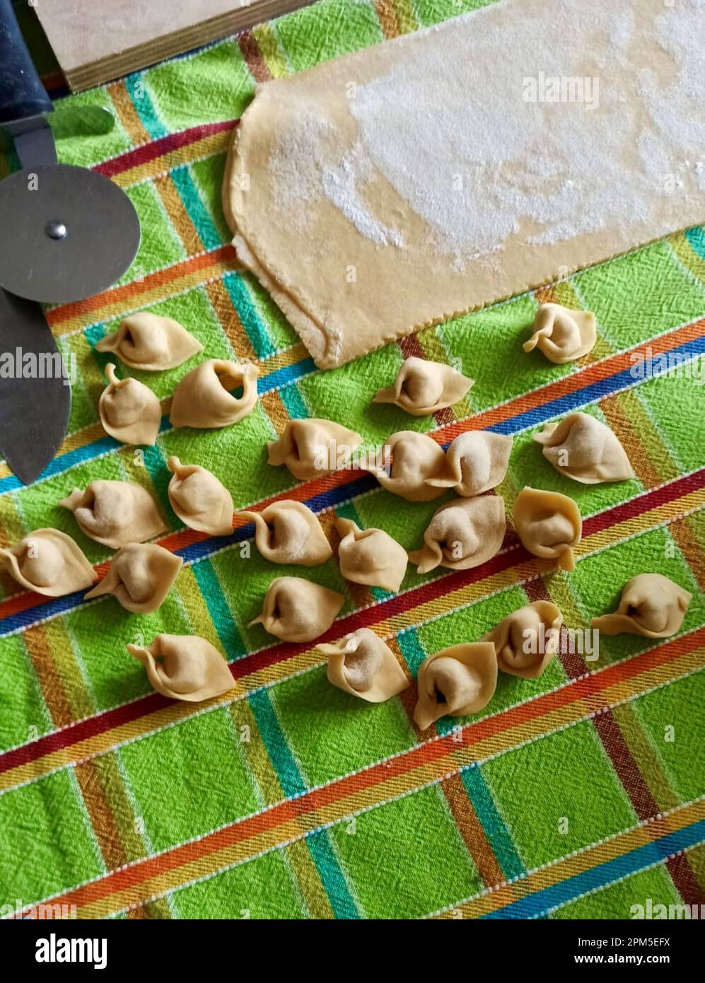 Tortellini italiani fatti a mano con sfondo colorato Foto Stock