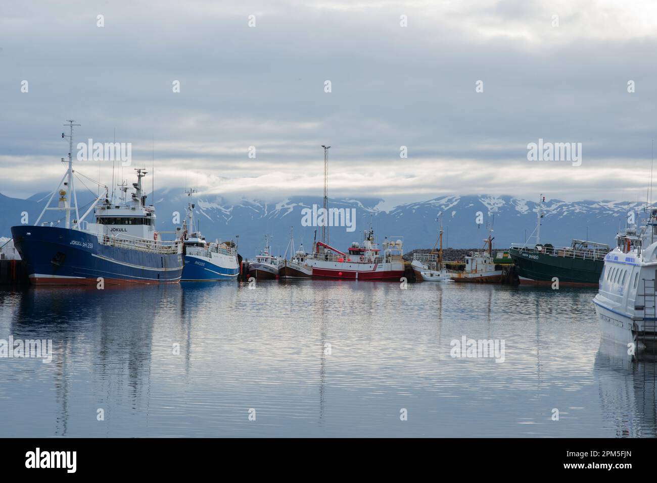 Porto di Husavik, molte navi e montagne innevate in lontananza Foto Stock