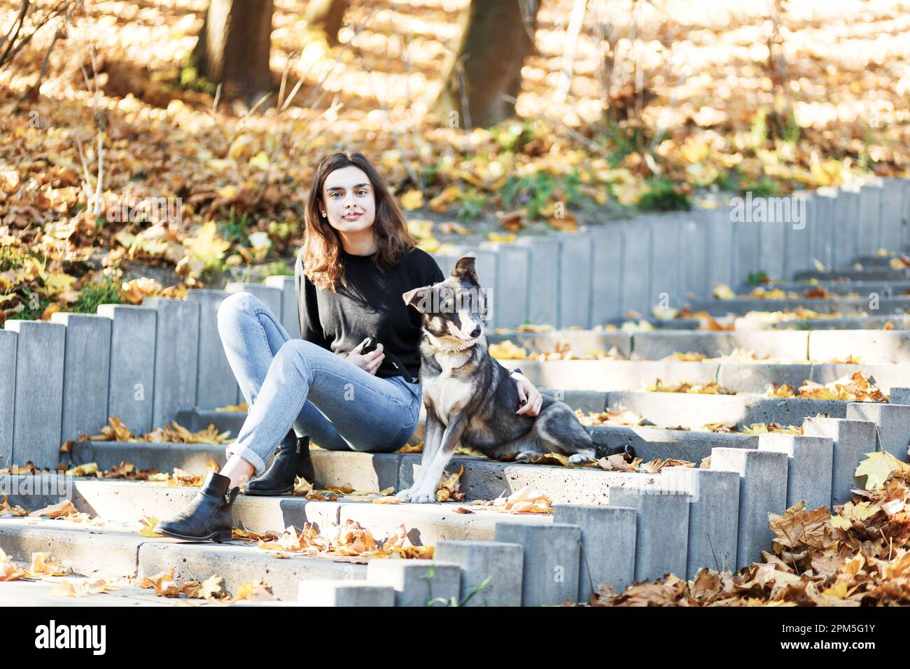 giovane donna cammina il suo cane in un parco autunnale pieno di foglie Foto Stock