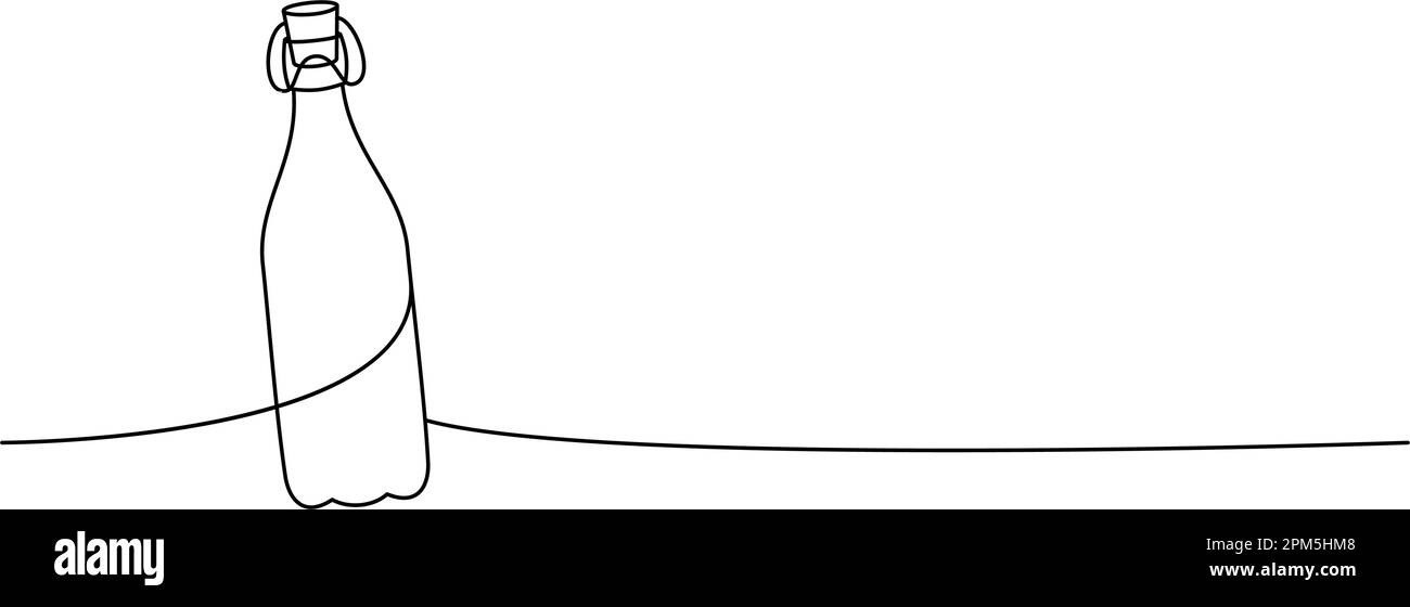 Bottiglia in vetro sodico, disegno continuo a una linea. Bottiglia di vetro o plastica vuota, illustrazione continua a una riga. Illustrazione lineare vettoriale. Illustrazione Vettoriale