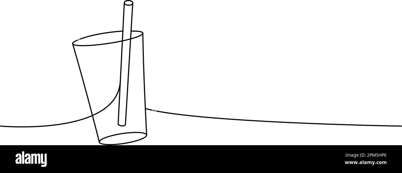 Vetro con un disegno continuo a una linea di paglia. Bottiglia di vetro o plastica vuota, illustrazione continua a una riga. Illustrazione lineare vettoriale. Illustrazione Vettoriale
