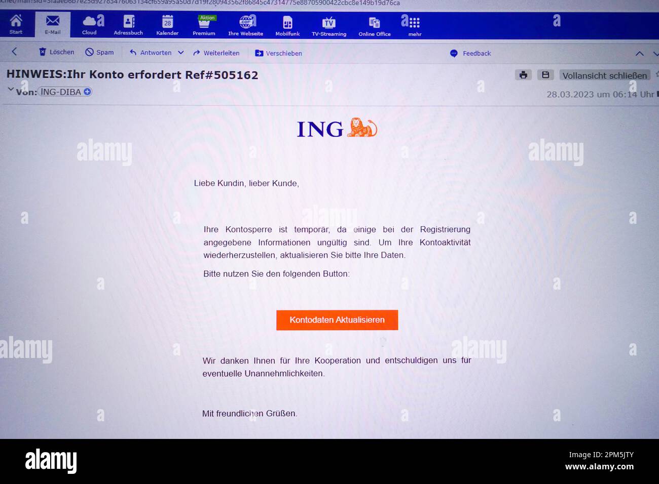 E-mail sul blocco del conto bancario, ing-Diba, spoofing, Germania Foto Stock