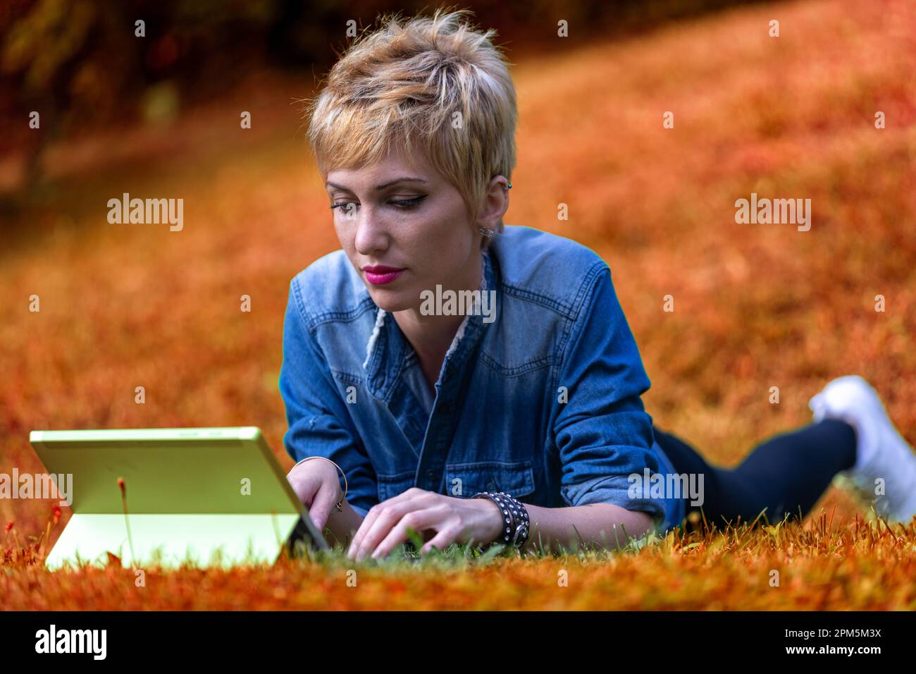 Ritratto colorato di una giovane donna sdraiata a faccia in giù sull'erba mentre si utilizza una combinazione notebook-tablet. Lavorare è bene, ma essere in natura è meglio, lei Foto Stock