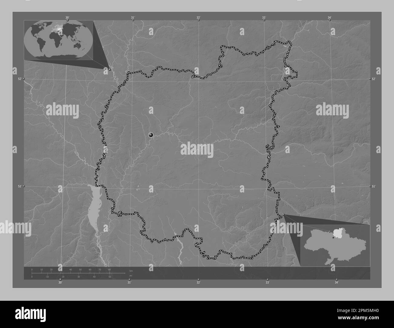 Chernihiv, regione dell'Ucraina. Mappa in scala di grigi con laghi e fiumi. Mappe delle posizioni ausiliarie degli angoli Foto Stock