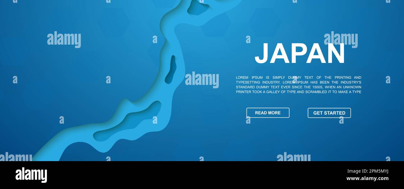 Simbolo del taglio della carta per il Giappone per lo striscione promozionale. Illustrazione del taglio orizzontale della carta. Concetto di illustrazione del modello di mappa per il Giappone. Disegno di Web site Illustrazione Vettoriale