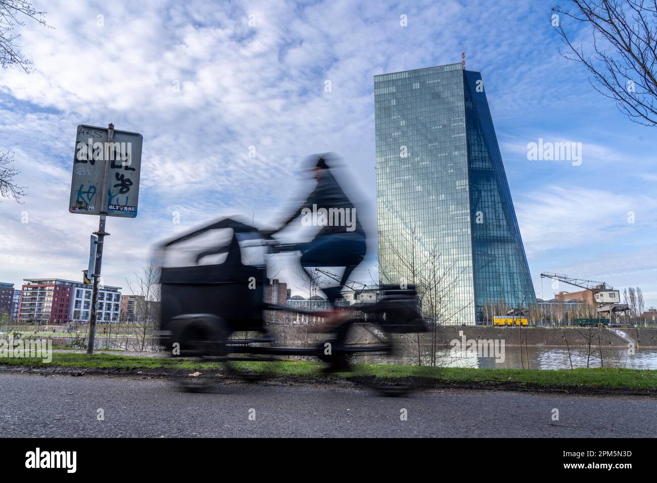 Edificio della Banca Centrale europea, BCE, percorso ciclabile sul fiume meno, a Francoforte, Assia, Germania, Foto Stock
