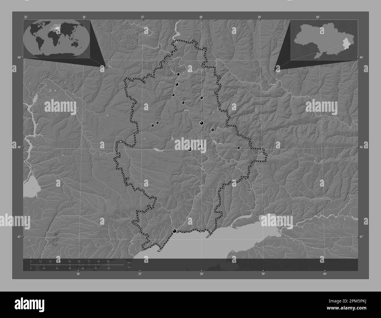 Donets'k, regione dell'Ucraina. Mappa altimetrica bilivello con laghi e fiumi. Posizioni delle principali città della regione. Mappe delle posizioni ausiliarie degli angoli Foto Stock