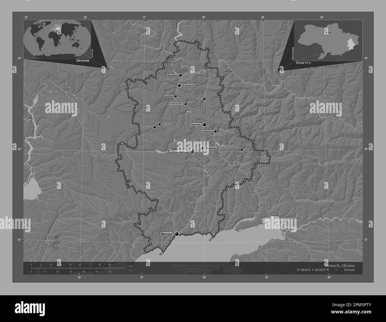 Donets'k, regione dell'Ucraina. Mappa altimetrica bilivello con laghi e fiumi. Località e nomi delle principali città della regione. Posizione ausiliaria ad angolo Foto Stock