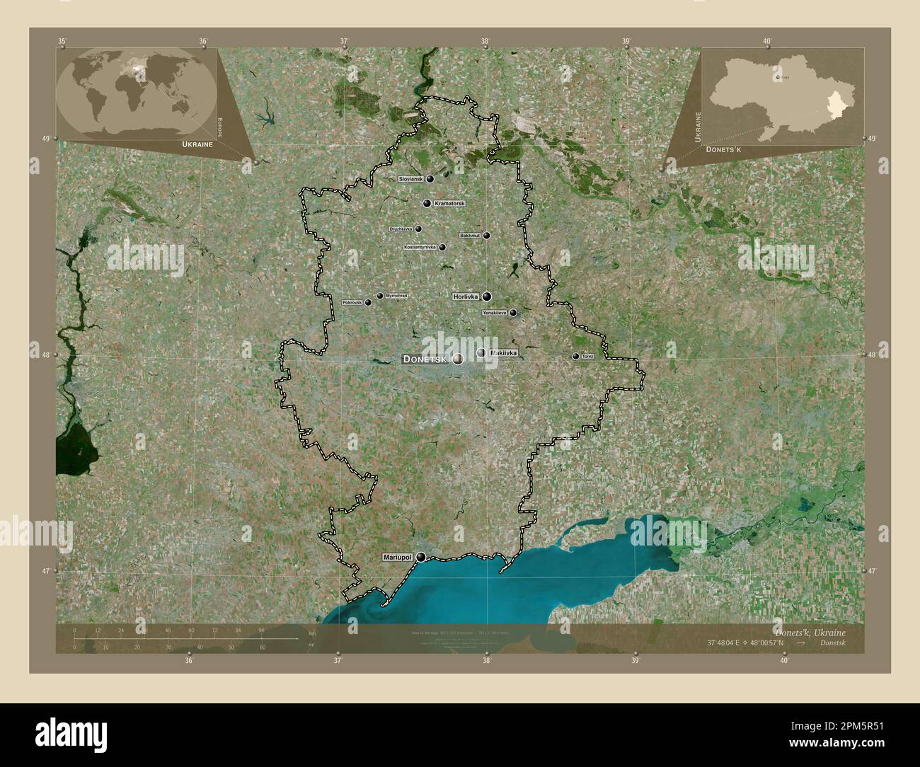 Donets'k, regione dell'Ucraina. Mappa satellitare ad alta risoluzione. Località e nomi delle principali città della regione. Mappe delle posizioni ausiliarie degli angoli Foto Stock