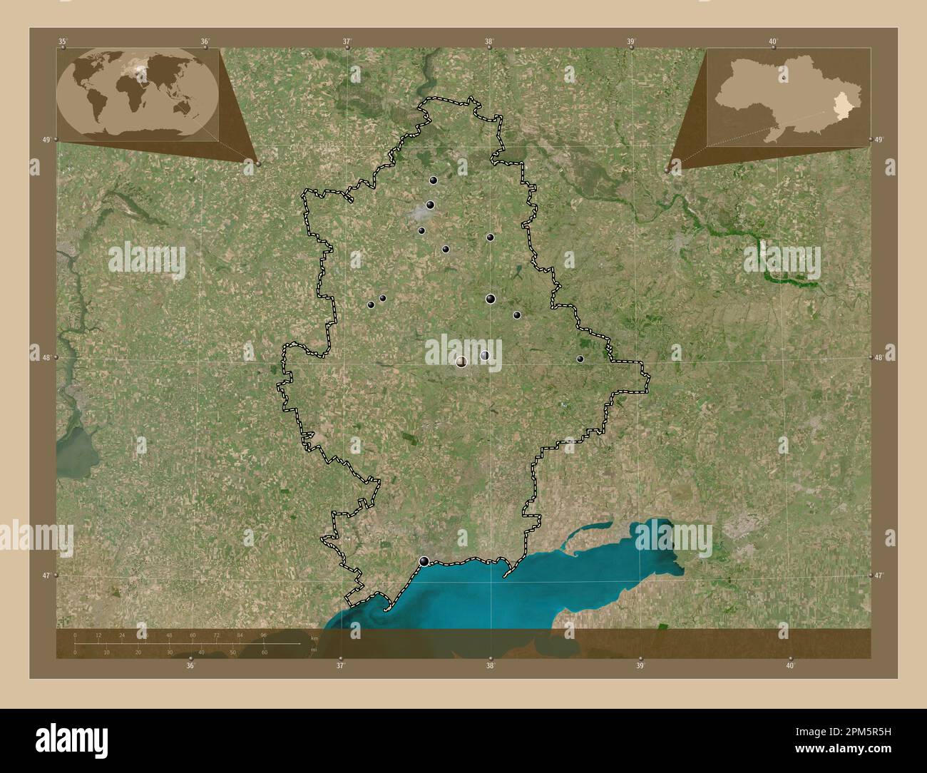Donets'k, regione dell'Ucraina. Mappa satellitare a bassa risoluzione. Posizioni delle principali città della regione. Mappe delle posizioni ausiliarie degli angoli Foto Stock