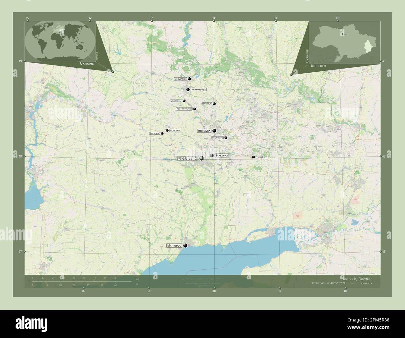 Donets'k, regione dell'Ucraina. Aprire la mappa stradale. Località e nomi delle principali città della regione. Mappe delle posizioni ausiliarie degli angoli Foto Stock