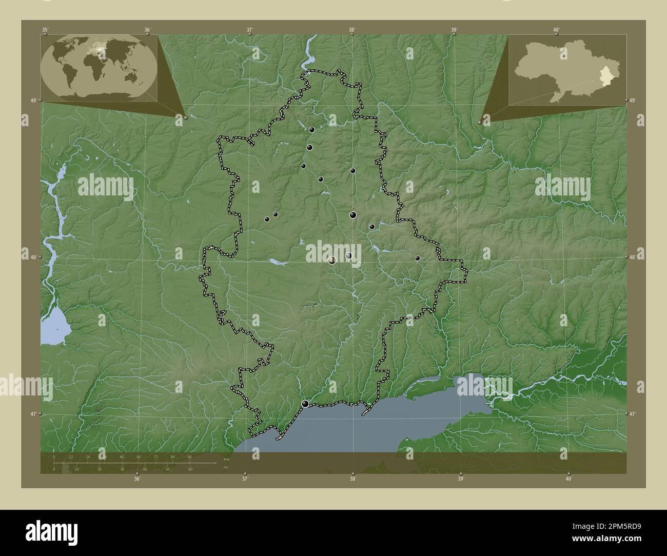 Donets'k, regione dell'Ucraina. Mappa dell'altitudine colorata in stile wiki con laghi e fiumi. Posizioni delle principali città della regione. Posizione ausiliaria d'angolo Foto Stock