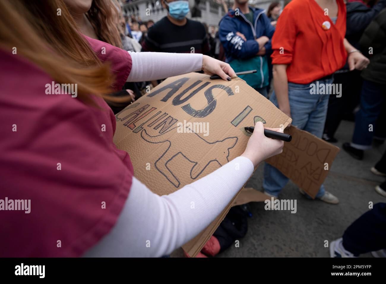 Un manifestante ha visto disegnare su un cartello durante la