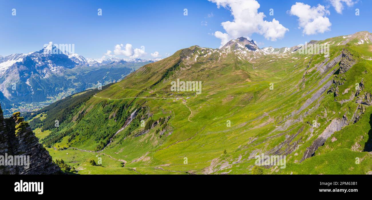Vista panoramica da Grindelwald, prima verso Eiger, Jungfrau e Monsch, nella regione di Jungfrau delle Alpi bernesi dell'Oberland, Svizzera Foto Stock