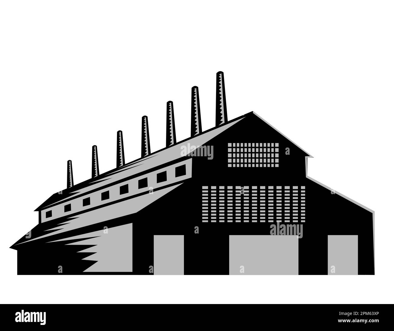 Illustrazione di un impianto di produzione ecocompatibile o di un edificio di fabbrica e vista frontale delle pile di fumo in stile legno retrò su sfondo isolato Foto Stock