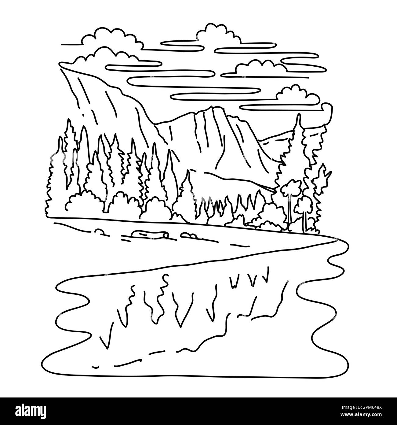 Illustrazione in monocromia dell'area picnic della spiaggia della cattedrale sul fiume Merced nel Parco Nazionale di Yosemite, California, Stati Uniti fatta in bianco e nero Foto Stock