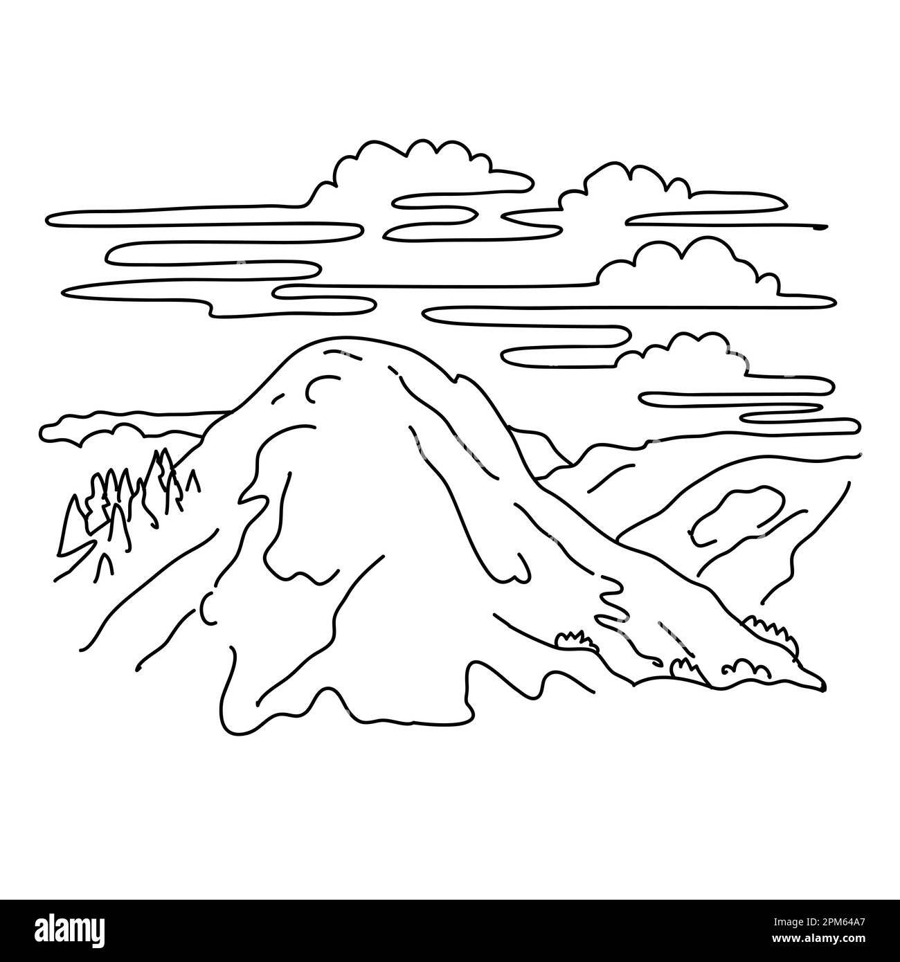Illustrazione in monocromia della montagna di riposo delle nuvole situata nel Parco Nazionale di Yosemite, California Stati Uniti fatta in drawi di linea monolina in bianco e nero Foto Stock