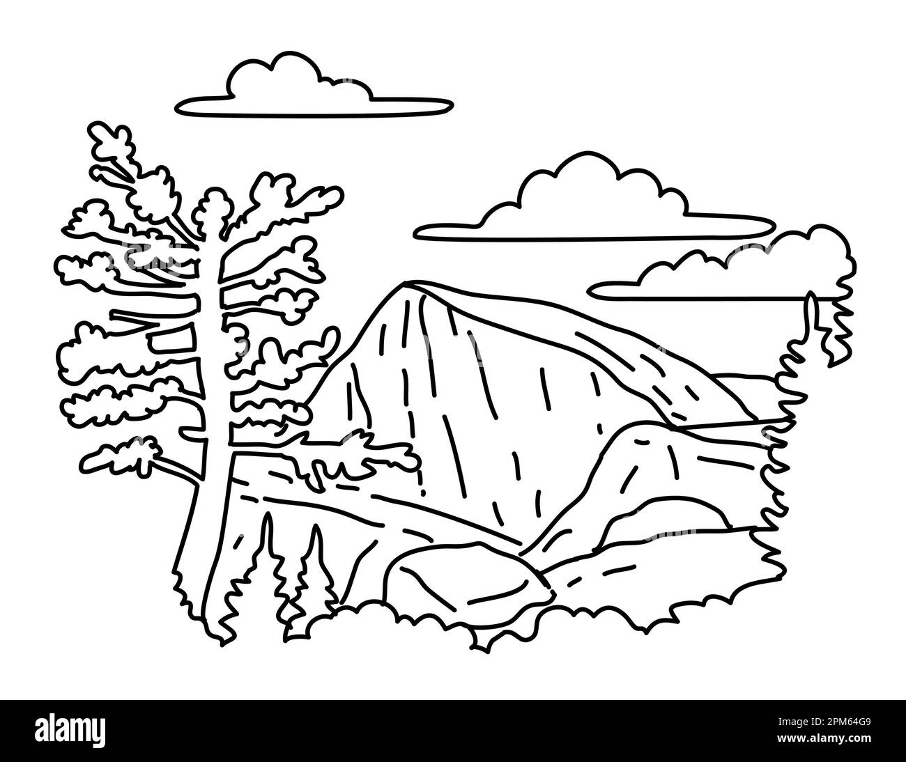 Illustrazione in monocromia del North Dome sulla cresta indiana nel Parco Nazionale di Yosemite, California, realizzata in stile d'arte a disegno in monocromia in bianco e nero. Foto Stock