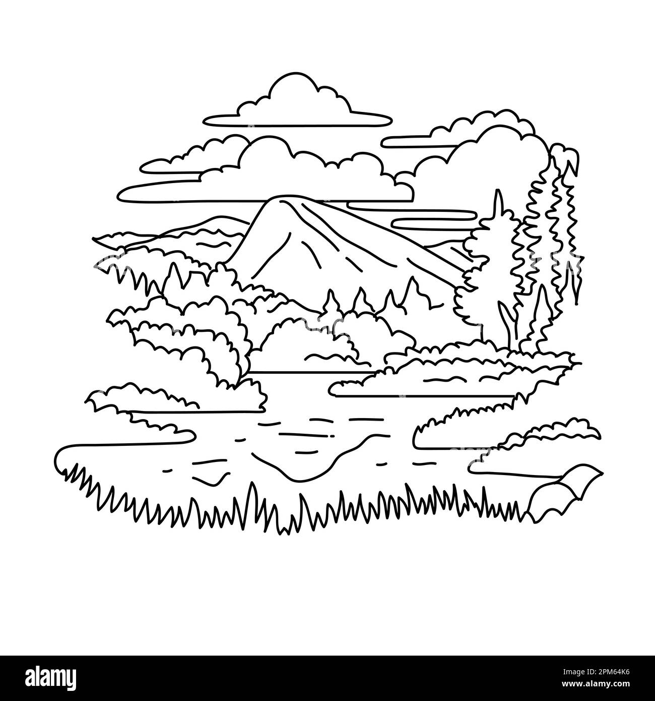 Illustrazione in monocromia dei prati di Tuolumne lungo il fiume Tuolumne nella sezione orientale del Parco Nazionale di Yosemite, California, fatta in nero e bianco Foto Stock