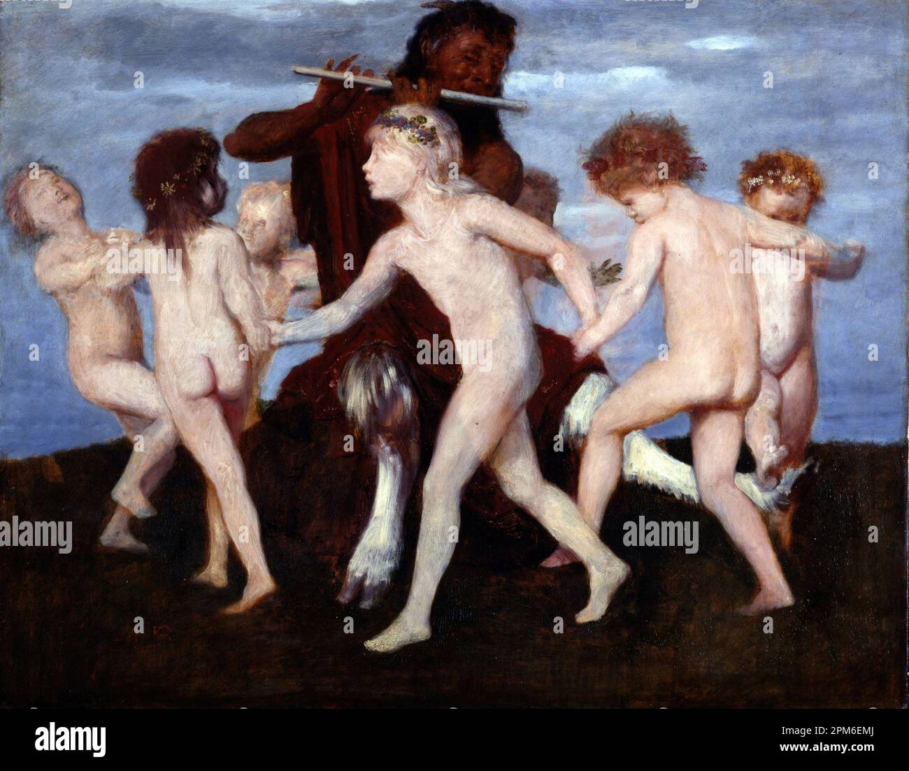 Pan Dancing with Children (circa 1884) dipinta dal pittore simbolista svizzero Arnold Böcklin del 19th° secolo Foto Stock