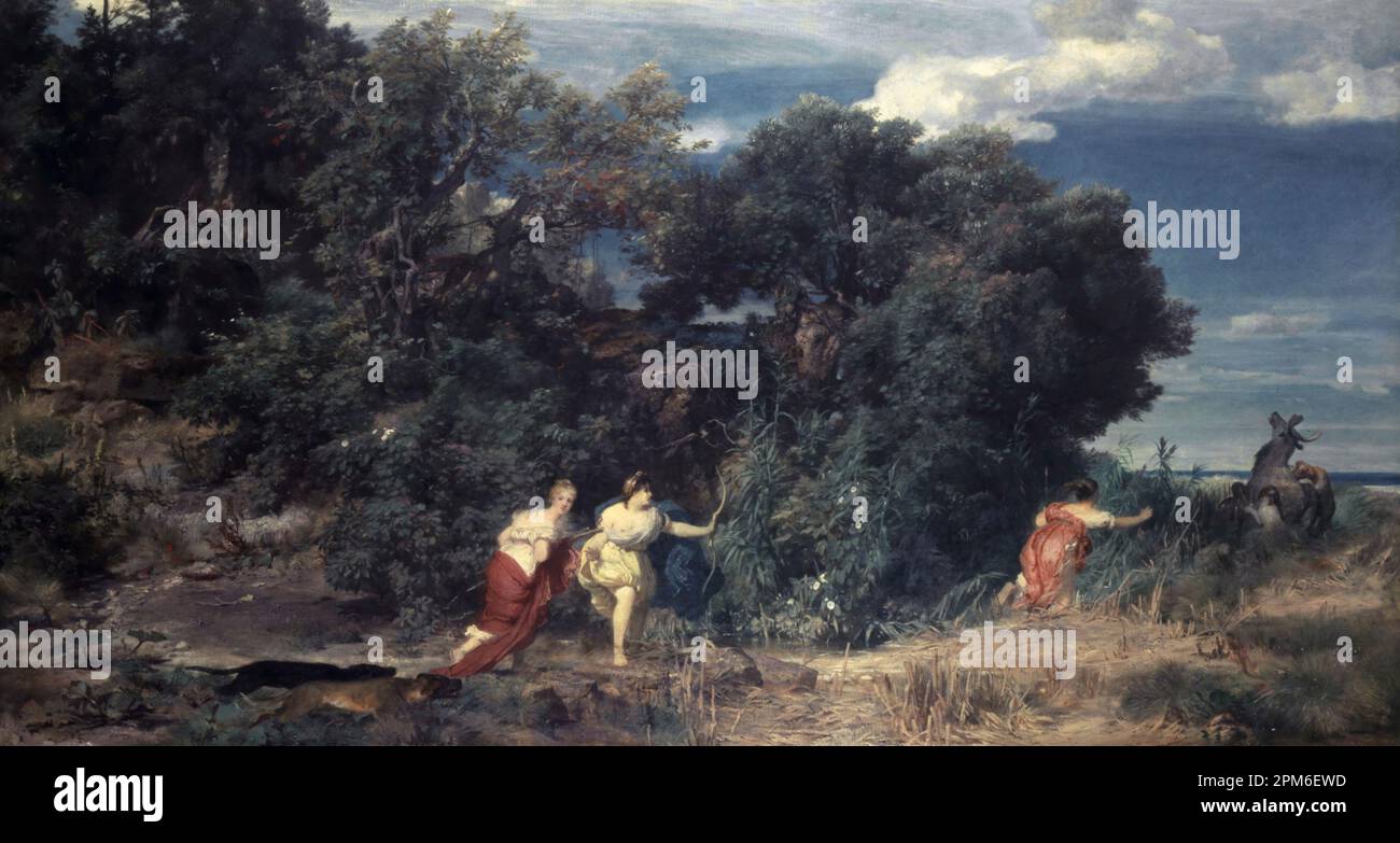 Caccia di Diana (1862) dipinta dal pittore simbolista svizzero Arnold Böcklin del 19th° secolo. Nel mito greco Diana è conosciuta come Artemis Foto Stock