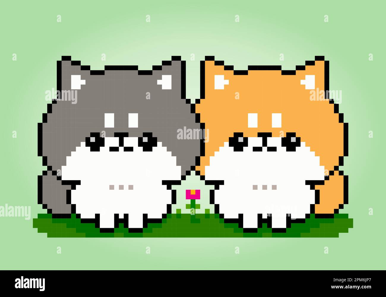 8 bit pixel di due Shiba Inu Dog. Pixel animali per giochi di asset o modelli di Cross Stitch in illustrazioni vettoriali. Illustrazione Vettoriale