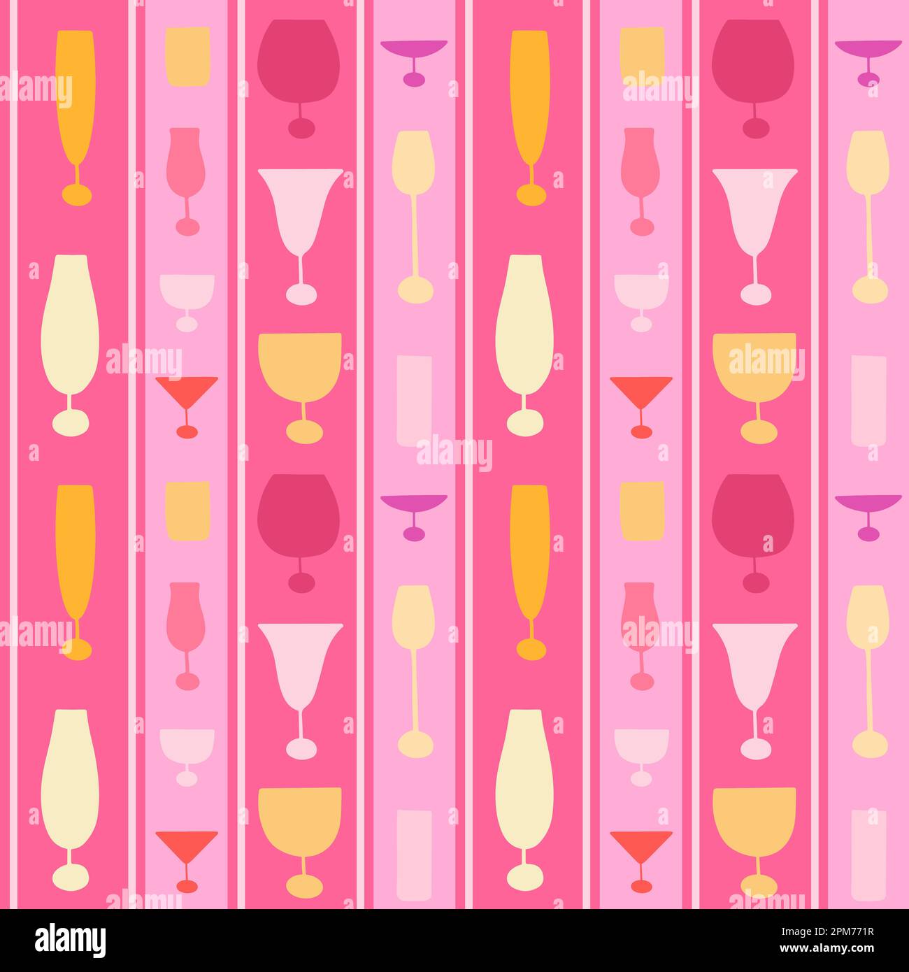 Motivo a righe senza cuciture con diversi bicchieri da cocktail nei colori rosa e giallo. Illustrazione Vettoriale