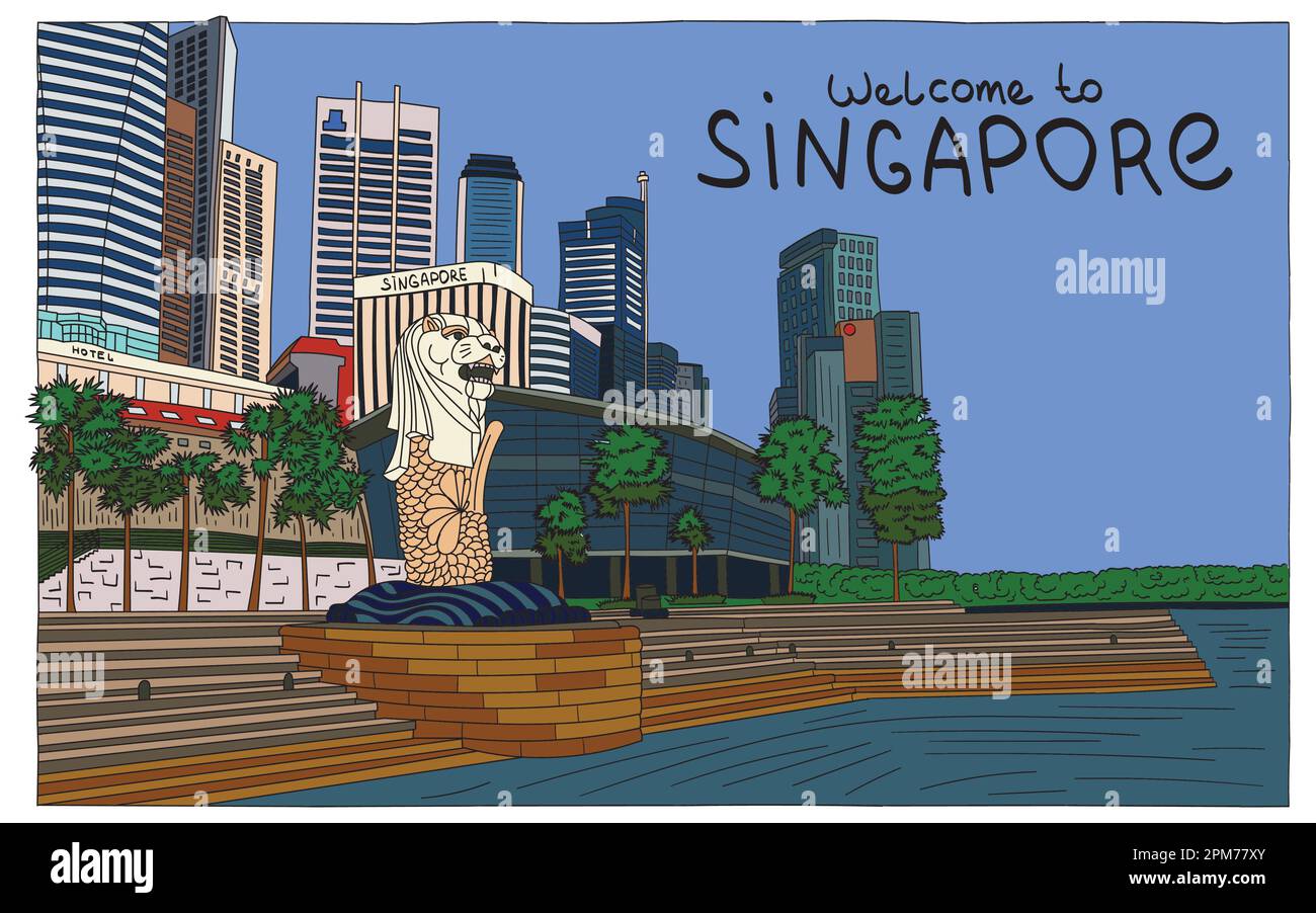 Skyline di Singapore a Marina Bay, Merlion uno dei punti di riferimento di Singapore, design vettoriale Illustrazione Vettoriale