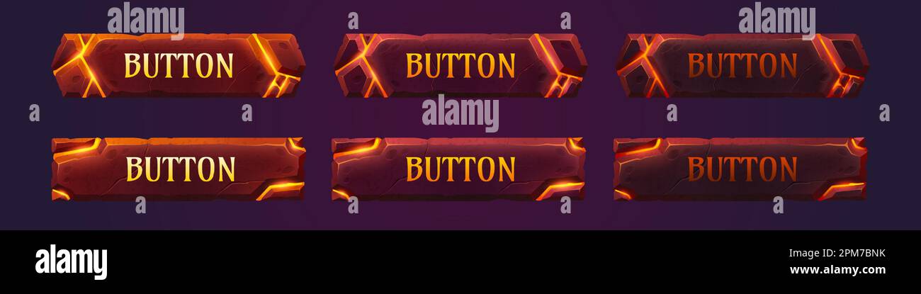 Set di animazione pulsanti gioco lava. Disegno vettoriale di cornici in pietra con crepe arancioni. Menu, impostazioni, riproduzione, accesso, azione clic. Foglio di sprite di animazione, effetto push. Elemento di progettazione dell'interfaccia utente Web Illustrazione Vettoriale