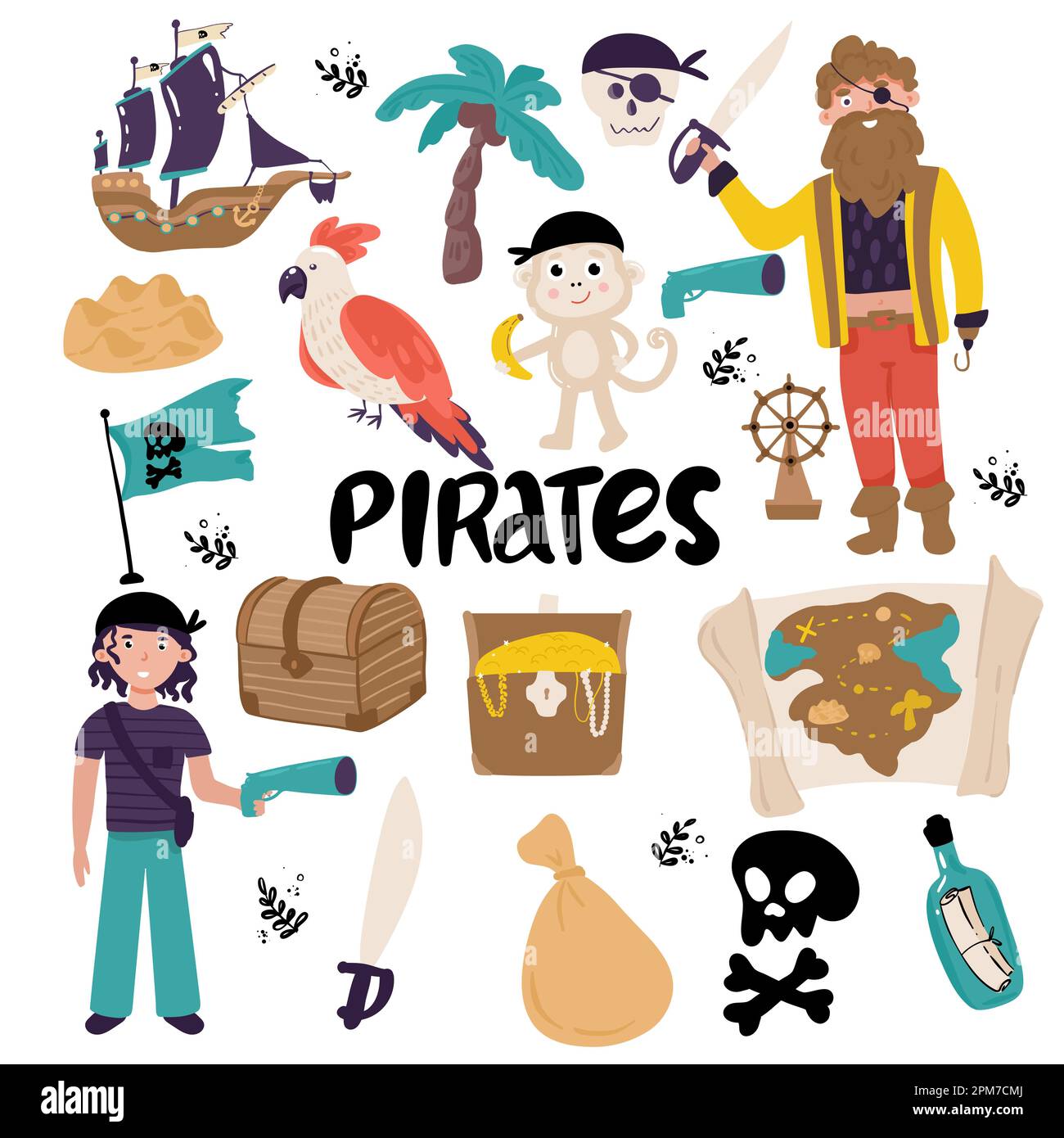 Collezione di adorabili pirati, navi a vela, pesci di mare e creature sottomarine, scrigno del tesoro, faro isolato su sfondo bianco. Vettore infantile Illustrazione Vettoriale