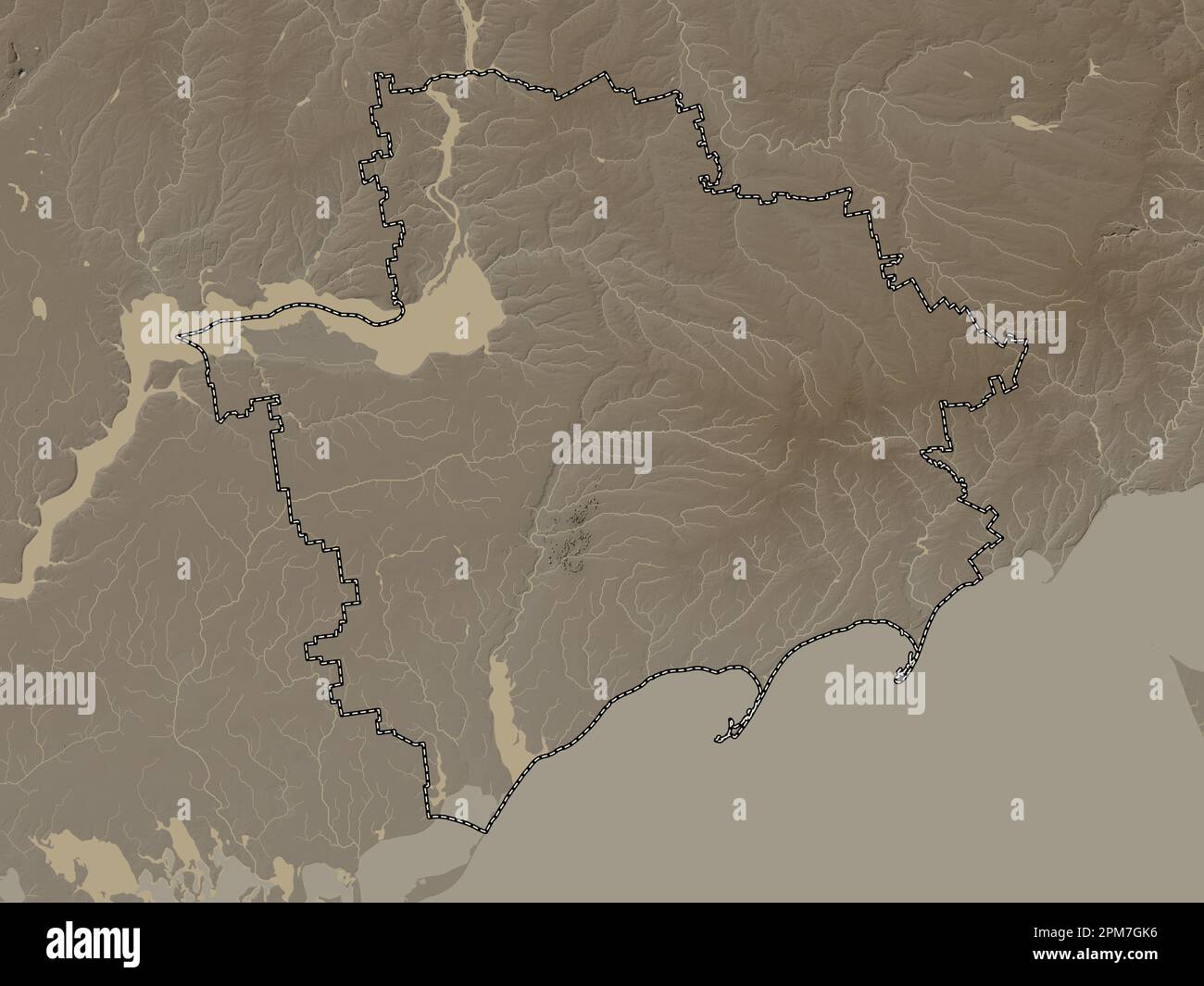 Zaporizhzhya, regione dell'Ucraina. Mappa dell'altitudine colorata in tonalità seppia con laghi e fiumi Foto Stock